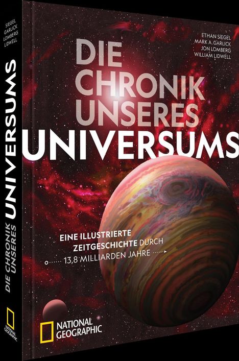 Titel: "DIE CHRONIK UNSERES UNIVERSUMS". Darunter Planeten und Sternenhimmel, National Geographic Logo.