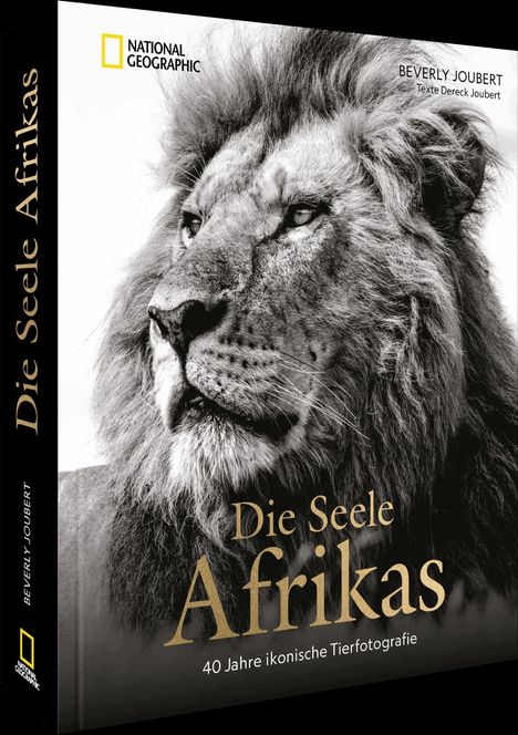 "Die Seele Afrikas", "40 Jahre ikonische Tierfotografie", zeigt das Profil eines Löwen. National Geographic Logo.