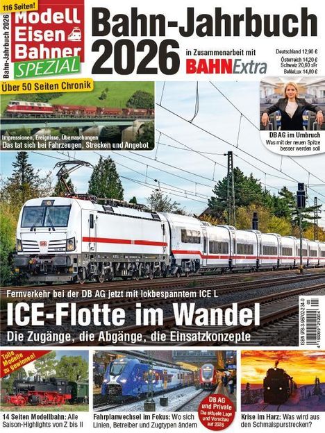 Titel: "Bahn-Jahrbuch 2026" und "ICE-Flotte im Wandel". Bild: Ein ICE-Zug fährt auf einer Strecke durch eine bewaldete Landschaft.