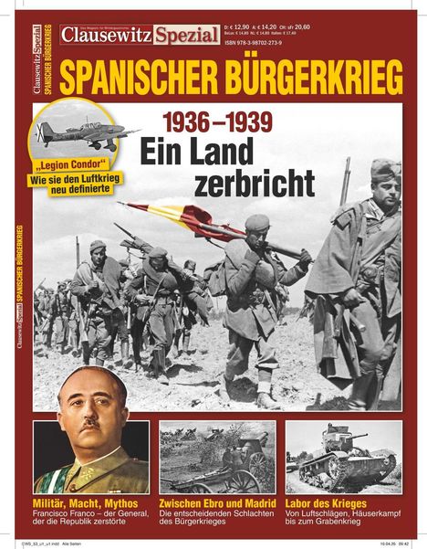 "Spanischer Bürgerkrieg: 1936–1939. Ein Land zerbricht." Schwarz-weißes Foto von Soldaten. Bild von Franco und Kriegsmaschinerie.