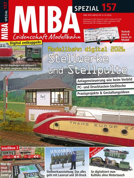 Titel: "MIBA SPEZIAL 157 - Leidenschaft Modellbahn". 
Themen: Modelleisenbahn Digitalisierung, Stellwerke und Stellpulte. 
Bild: Rote Modellbahn vor Stellwerk.