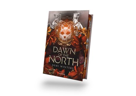 "Dawn of the North" von Demi Winters. Herbstblätter, Wolfsschädel, Pferde und Schwerter zieren das Cover.
