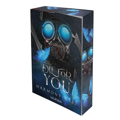 „DIE FOR YOU“ von Harmony West, dunkle Gasmaske und blaue Schmetterlinge.