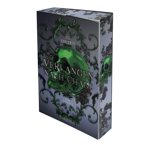 Buchtitel: "Verlangen nach Chaos". Grüner Totenkopf mit floralen Verzierungen auf dunklem Hintergrund.