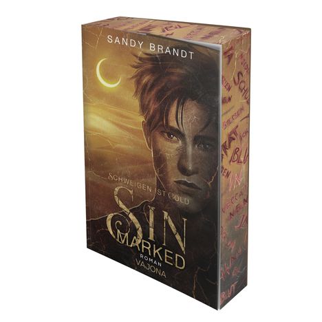Buchcover mit Texten: "Sandy Brandt", "Schweigen ist Gold", "Sin Marked", "Roman Vajona". Illustration: Gesicht eines jungen Mannes.