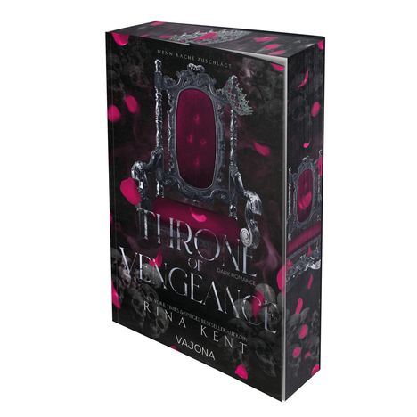 Text: "Wenn Rache zuschlägt", "Throne of Vengeance", "Rina Kent", "Vajona". Roter Thron mit Ornamenten, umgeben von Rosenblättern.
