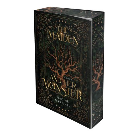 Buchcover: „The Maiden and Her Monster" von Maddie Martinez. Dunkles Design mit goldenem Baum und verzierter Umrandung.