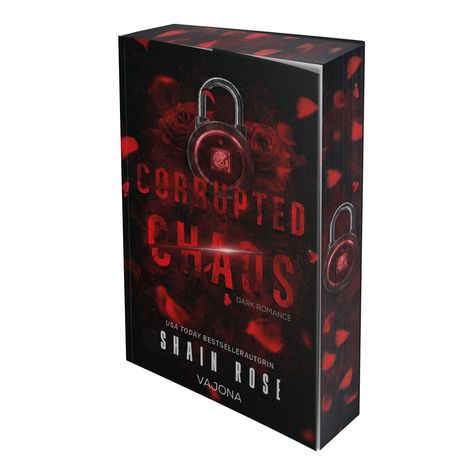 „Corrupted Chaos“ in Rot, ein Vorhängeschloss, Rosenblätter und der Name Shain Rose.