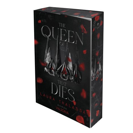"The Queen of All That Dies" steht auf einem dunklen Buchcover mit rotem Akzent, krönender Illustration.