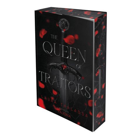 Text: "THE QUEEN OF TRAITORS, LAURA THALASSA, ROMAN, VAJONA". Ein Schwert mit roten Akzenten und schwarze Rosenblätter.