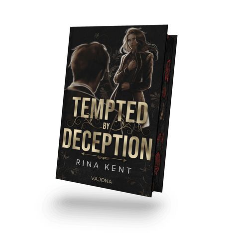 „TEMPTED BY DECEPTION“ von Rina Kent. Illustration: Mann und Frau stehen sich ernst gegenüber.