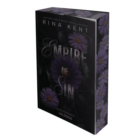 "EMPIRE OF SIN" ist in großen Buchstaben geschrieben. Im Hintergrund sind violette Blumen zu sehen.