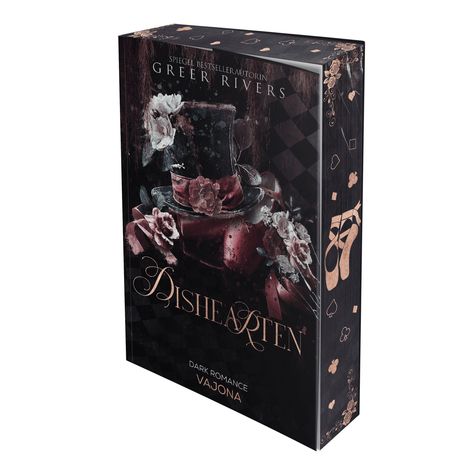 Text: "Spiegel Bestsellerautorin Greer Rivers", "Dishearten", "Dark Romance", "Vajona". 

Ein dunkles, romantisches Buchcover mit Rosen und Hut.