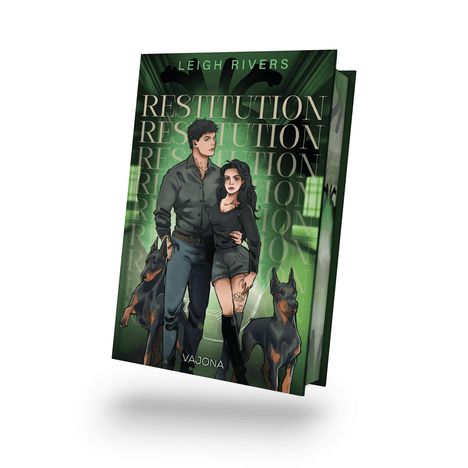 "RESTITUTION" steht groß in der Mitte, darüber "LEIGH RIVERS". Eine Illustration zeigt ein Paar mit zwei Dobermännern.