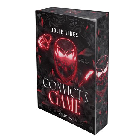 „Jolie Vines“, „Convict's Game“, „Dark Romance“, „Vajona“. Schwarzes Cover mit rotem leuchtendem Bandana, Herzen und Messer.