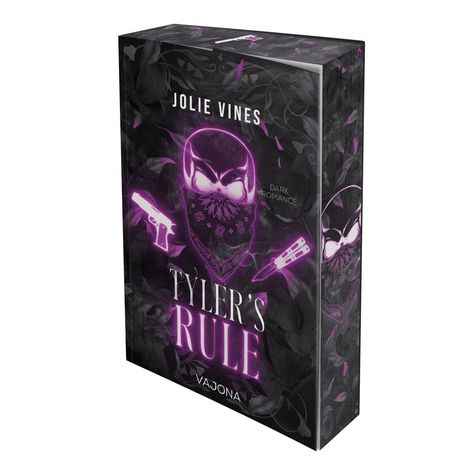 Buchcover: "Jolie Vines, Tyler's Rule." Illustration eines maskierten Gesichts mit Pistole und Messer in leuchtendem Violett.