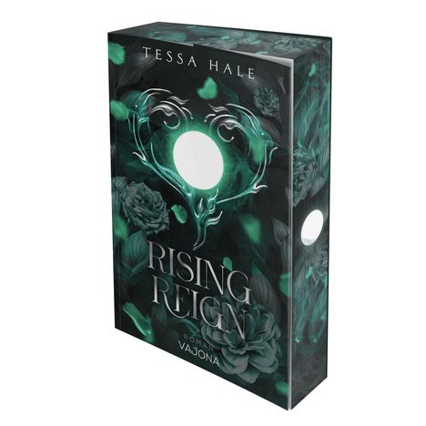 Titel: Rising Reign. Autor: Tessa Hale. Romantitel: Vajona. Dunkles Cover mit grünen floralen und mystischen Elementen.