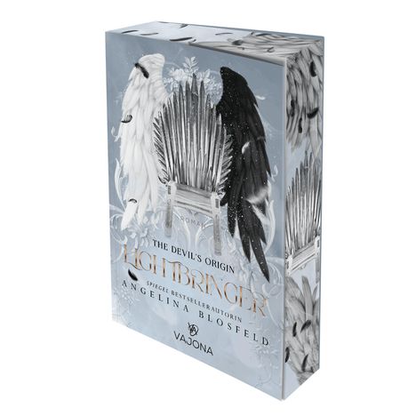 Aufschrift: "The Devil's Origin - Lightbringer" von Angelina Blosfeld. Darstellung eines Thrones mit schwarzen und weißen Flügeln.