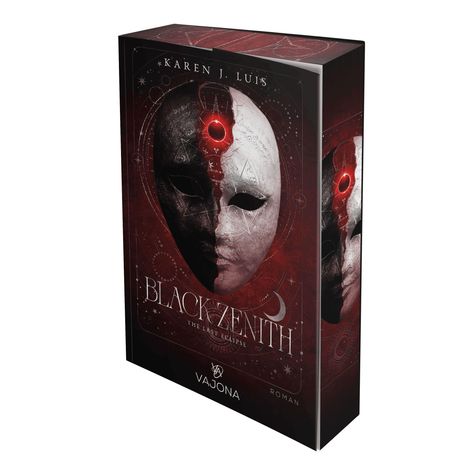 „KAREN J. LUIS“, „BLACK ZENITH“, „THE LAST ECLIPSE“, „Roman“, „VAJONA“. Cover zeigt eine Maske mit rotem und weißem Bereich.