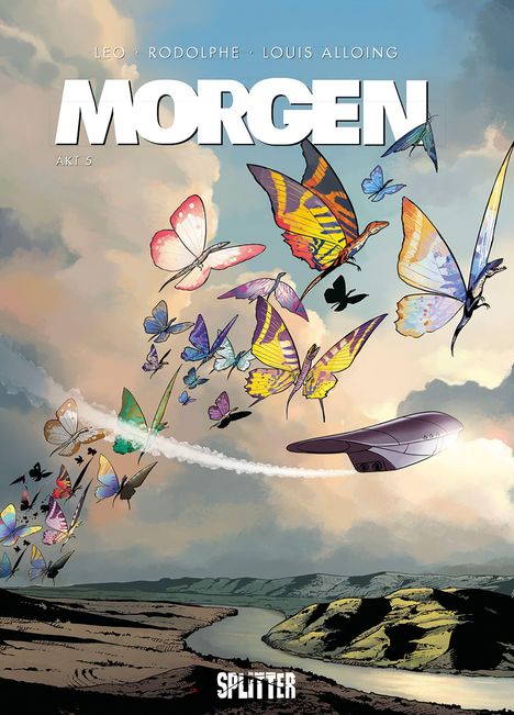 "MORGEN Akt 5" mit vielen bunten Schmetterlingen und einem futuristischen Fluggerät über einer Flusslandschaft.