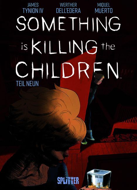 „Something is Killing the Children, Teil Neun.“ Düstere Illustration: Person in dunklem Raum mit rotem Lichtstrahl.
