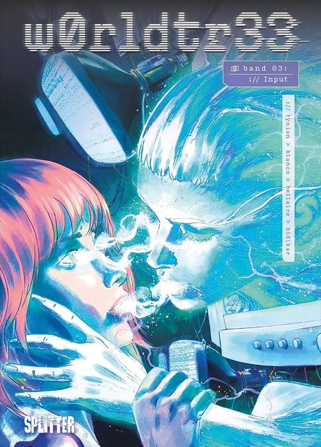 „w0rldtr33“. Band 03: :// Input. Illustration: Zwei Gesichter mit Rauch zwischen sich, eins menschlich, eins digital.