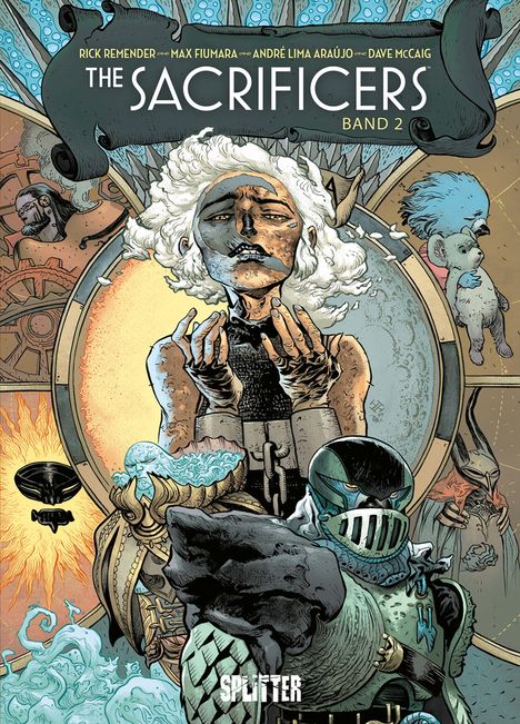 "The Sacrificers Band 2" steht in großen Buchstaben. Die Illustration zeigt eine Szene mit Figuren in fantastischen Kostümen.