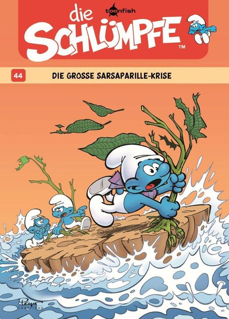 Text: "44", "Preview-Cover", "die Schlümpfe". Schwarz-weiße Illustration von drei Schlümpfen auf einem Blatt im Wasser.