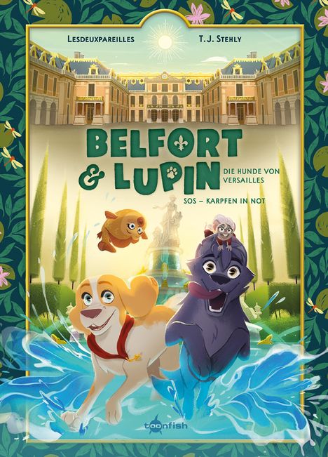 "Belfort & Lupin: Die Hunde von Versailles. SOS – Karpfen in Not." Illustration von Hunden und einem Fisch vor einem Palast.