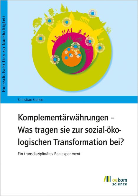 Text: "Komplementärwährungen – Was tragen sie zur sozial-ökologischen Transformation bei?" Illustration mit bunten Kreisen und Silhouetten.