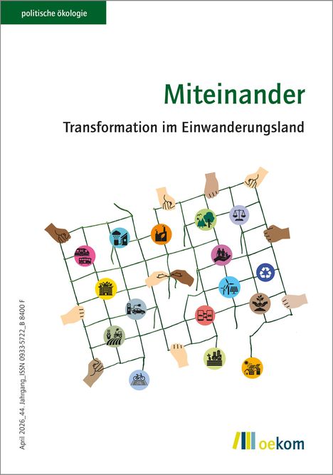 "Miteinander. Transformation im Einwanderungsland." Illustration: Hände halten ein Netz mit Symbolen aus verschiedenen Bereichen.