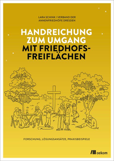 "Handreichung zum Umgang mit Friedhofsfreiflächen", gelber Hintergrund, gezeichnete Menschen und Bäume, Logo "oekom".