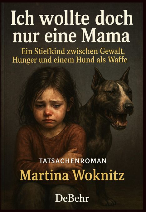 Titel: „Ich wollte doch nur eine Mama“. Ein weinendes Kind neben einem aggressiven Hund, Ausdruck von Traurigkeit und Bedrohung.