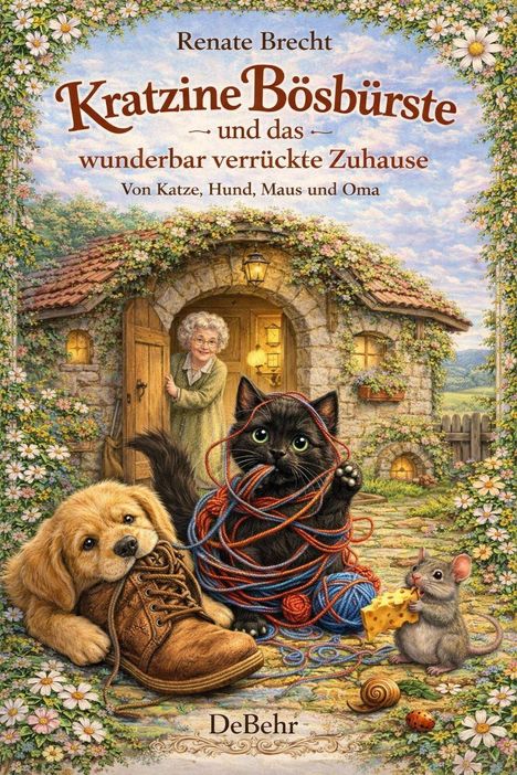 "Renate Brecht: Kratzine Bößbürste und das wunderbar verrückte Zuhause. Eine Oma öffnet die Tür; Katze, Hund, Maus davor."