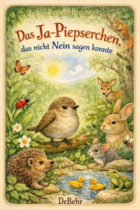 Romantische Illustration von Tieren im Wald: Vogel auf Ast, Hase, Reh, Igel und Ente mit Entlein in Wasser.