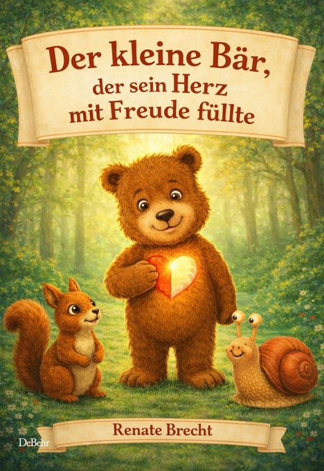 „Der kleine Bär, der sein Herz mit Freude füllte.“ Ein fröhlicher Bär hält ein leuchtendes Herz, begleitet von einem Eichhörnchen und einer Schnecke im Wald.
