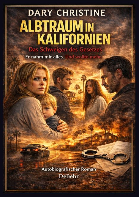 "Dary Christine. Albtraum in Kalifornien. Das Schweigen des Gesetzes. Er nahm mir alles. Und wollte mehr. Autobiografischer Roman DeBehr." Vier Personen, ein Auto, Handschellen, dramatische Stimmung.