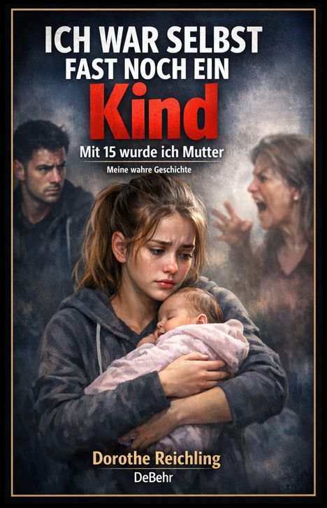 Der Text lautet: "ICH WAR SELBST FAST NOCH EIN Kind. Mit 15 wurde ich Mutter. Meine wahre Geschichte." Eine junge Frau hält ein Baby. Ein Mann schaut nachdenklich und eine Frau wirkt wütend im Hintergrund.