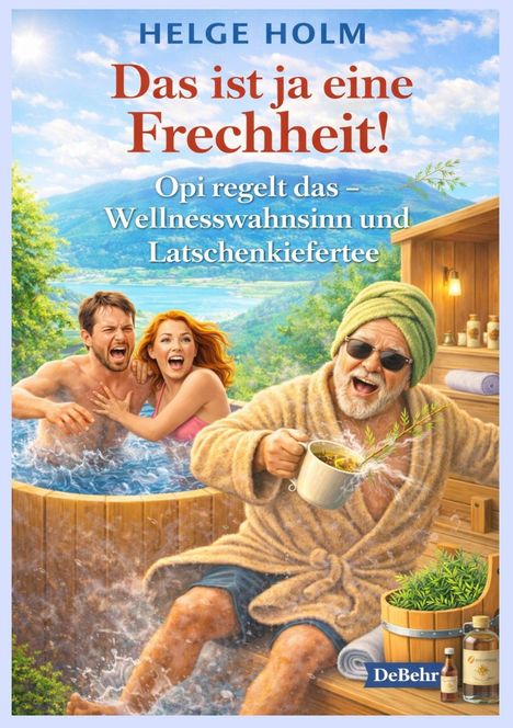 Helge Holm, "Das ist ja eine Frechheit!" Ein Opa mit Handtuch und Tee lacht, während ein Paar in einem Whirlpool planscht.