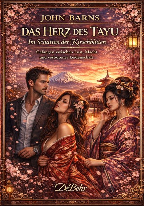 Buchtitel "Das Herz des Tayu". Drei Menschen in traditioneller Kleidung, Kirschblüten, ein Tempel und ein Berg im Hintergrund.