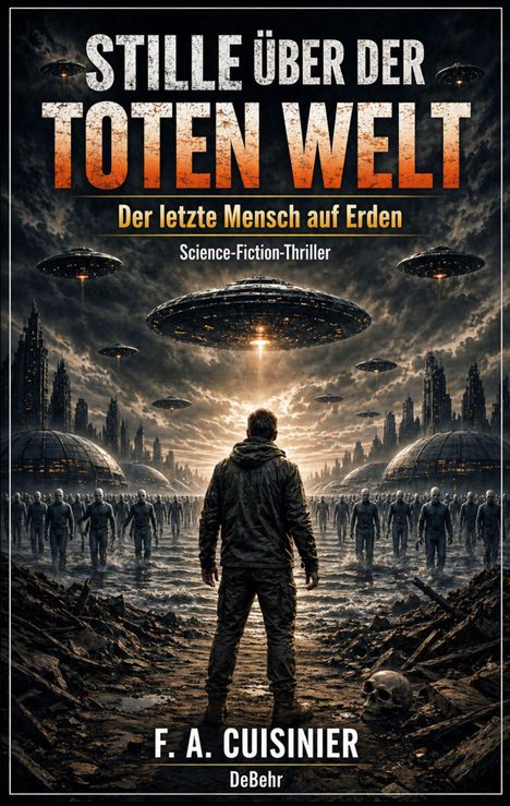 Buchtitel mit UFOs über einer futuristischen Stadt: "STILLE ÜBER DER TOTEN WELT", "Der letzte Mensch auf Erden".