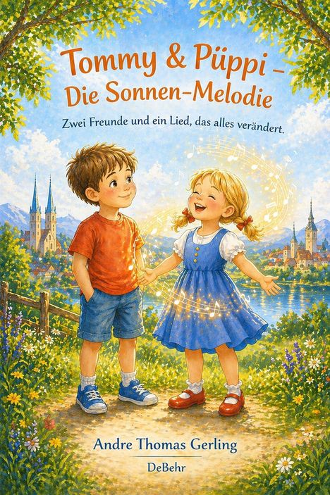 "Tommy & Püppi – Die Sonnen-Melodie. Zwei Freunde und ein Lied, das alles verändert." Zwei Kinder auf einem Pfad.