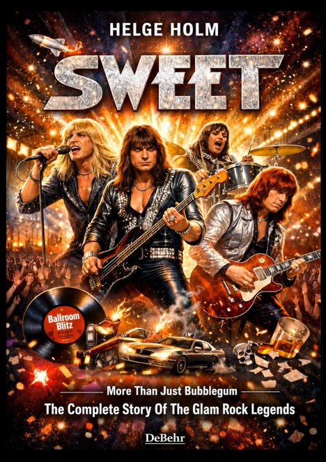Der Text hebt "Helge Holm", "SWEET" und "Ballroom Blitz" hervor. Vier Musiker in Glam-Rock-Outfits performen leidenschaftlich.