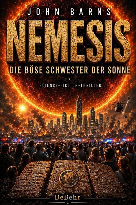 Text: "John Barns, Nemesis, Die böse Schwester der Sonne, Science-Fiction-Thriller, DeBehr."  
Eine riesige Sonne über einer Stadt. Menschen filmen.