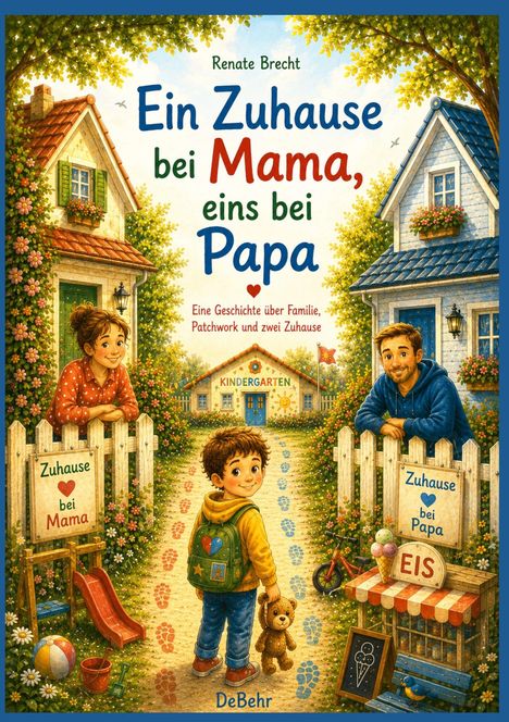 Titel: Ein Zuhause bei Mama, eins bei Papa. Mutter links, Vater rechts, Kind in der Mitte, auf dem Weg zwischen zwei Häusern.