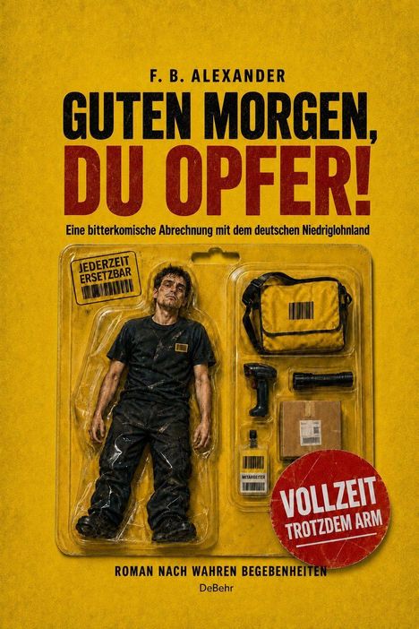 „Guten Morgen, du Opfer!“, „Jederzeit ersetzbar“, „Vollzeit trotzdem arm“. Mann in Arbeitskleidung in einer Verpackung.