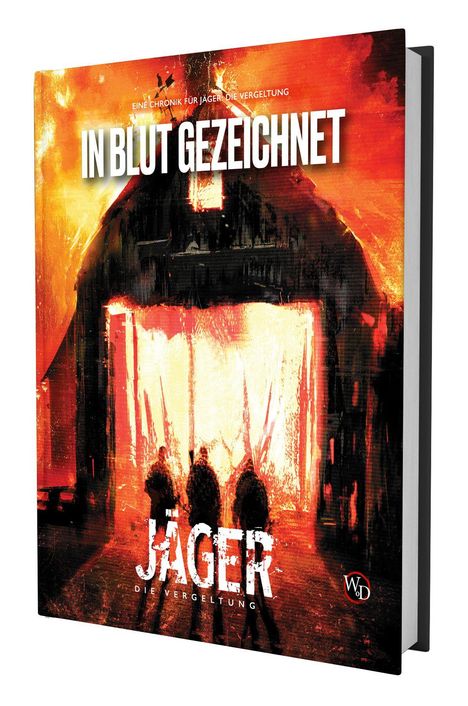 „IN BLUT GEZEICHNET“ steht oben, darunter „JÄGER DIE VERGELTUNG“. Eine brennende Scheune im Hintergrund.