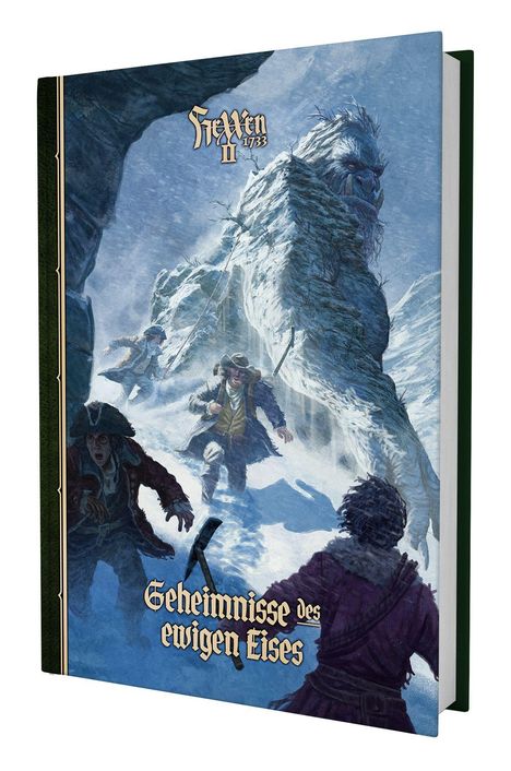 „Geheimnisse des ewigen Eises“. Illustration mit einem großen Yeti, der Abenteurer im Schnee verfolgt.