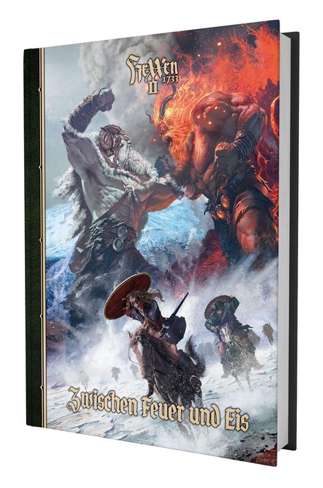 "Zwischen Feuer und Eis" oben kämpfen ein feuerglutumgabener Riese und ein pelztragender Krieger in eisiger Landschaft.
