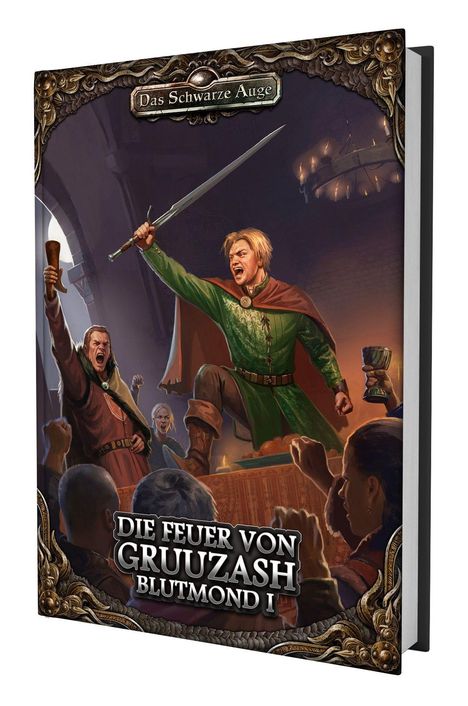 Logo "Das Schwarze Auge", Titel "Die Feuer von Gruuzash: Blutmond I", kämpferische Gruppe in mittelalterlicher Szene.